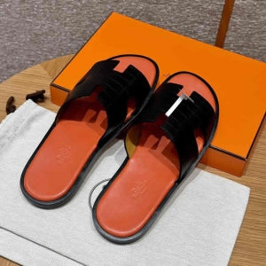 原单一比一爱马仕男士拖鞋HERMES 182 -Lzmir Men’s slippers男士拖鞋 黑色/89/Black/配橙垫脚 alligator/鳄鱼