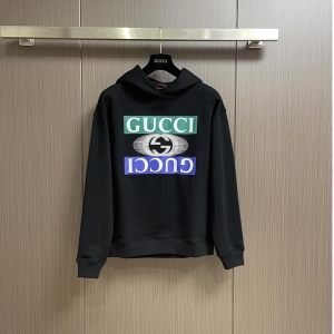 高仿一比一古奇长袖连帽卫衣GUCCI 蓝绿条形字母印花毛圈长袖连帽卫衣